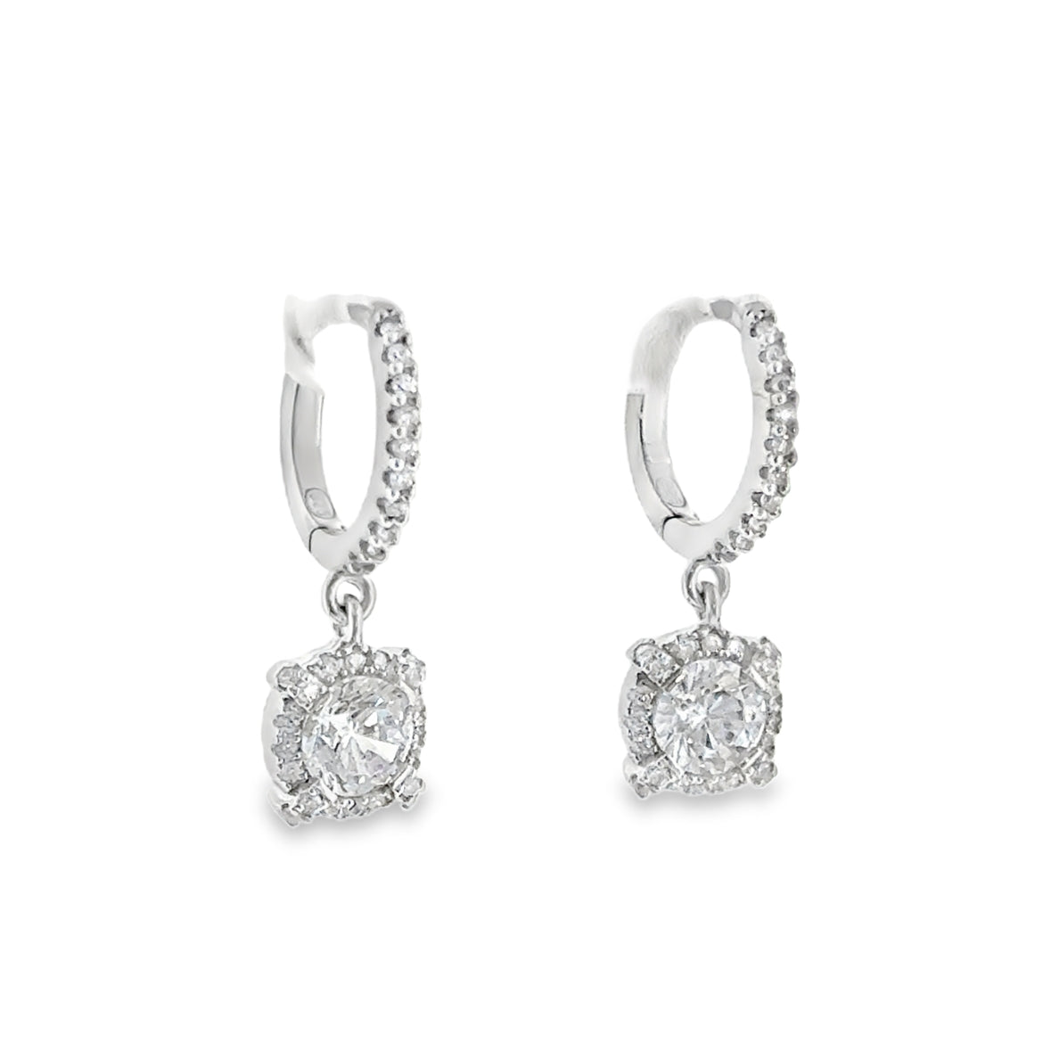 Sterling Silver CZ Round Halo Drop Huggie Earrings
