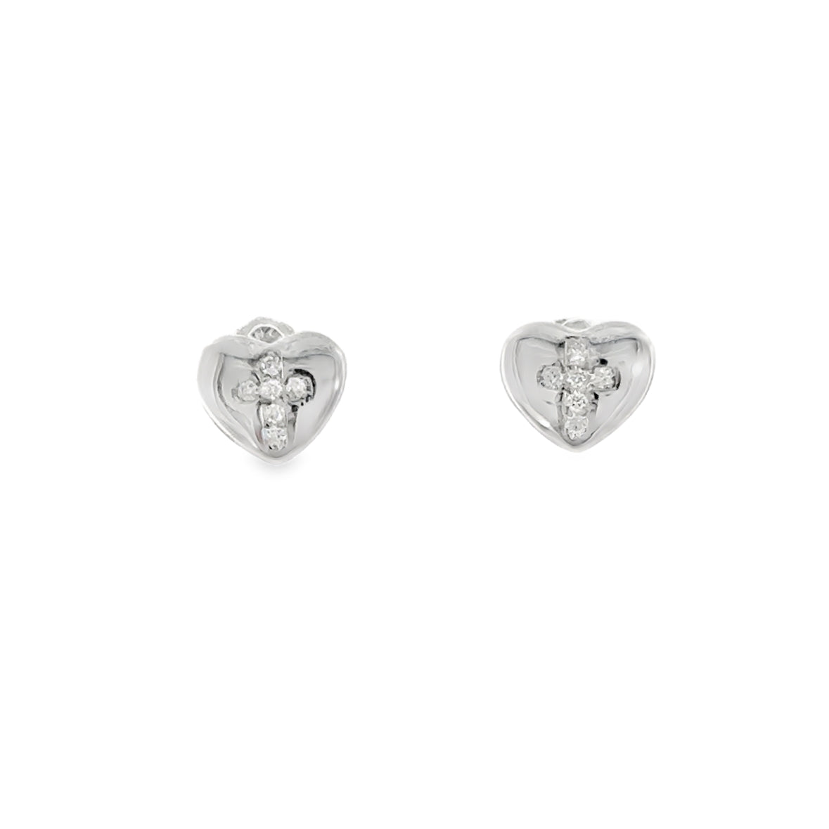 Sterling Silver CZ Cross Puff Heart Earrings