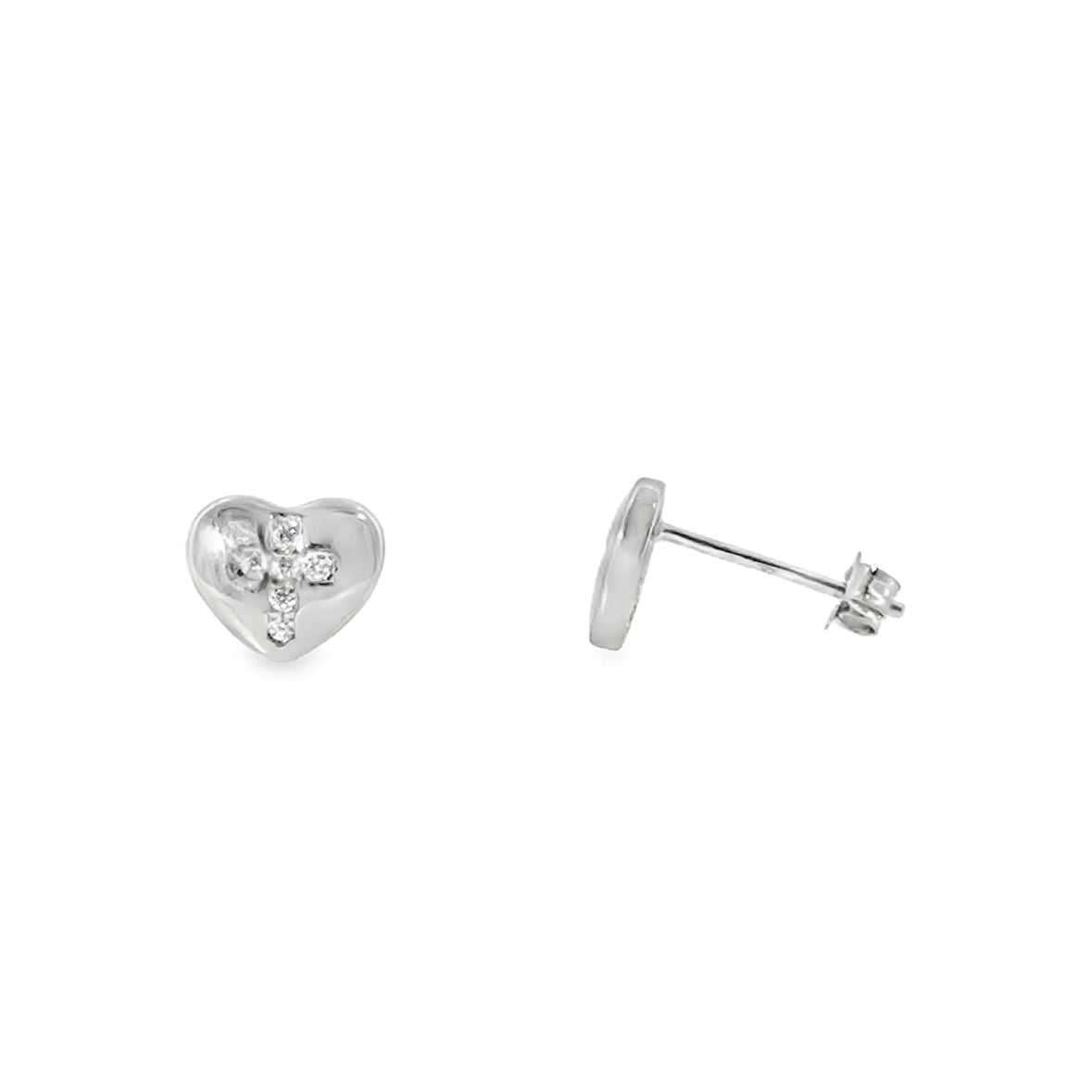Sterling Silver CZ Cross Puff Heart Earrings