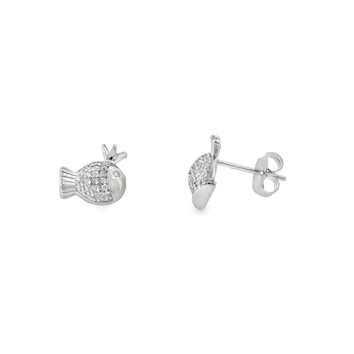 Sterling Silver CZ Fish With Crown Stud Earrings