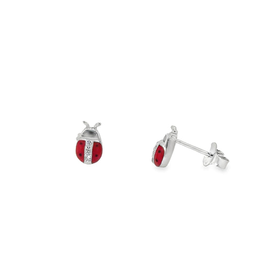 Sterling Silver CZ Red Enamel Ladybird Earrings