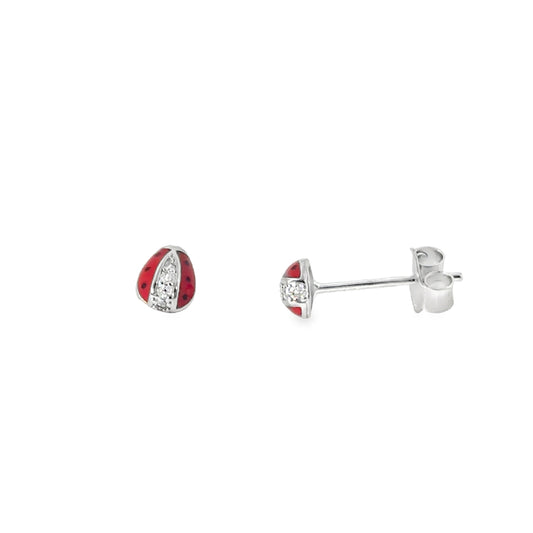 Sterling Silver CZ Red Enamel Ladybird Earrings