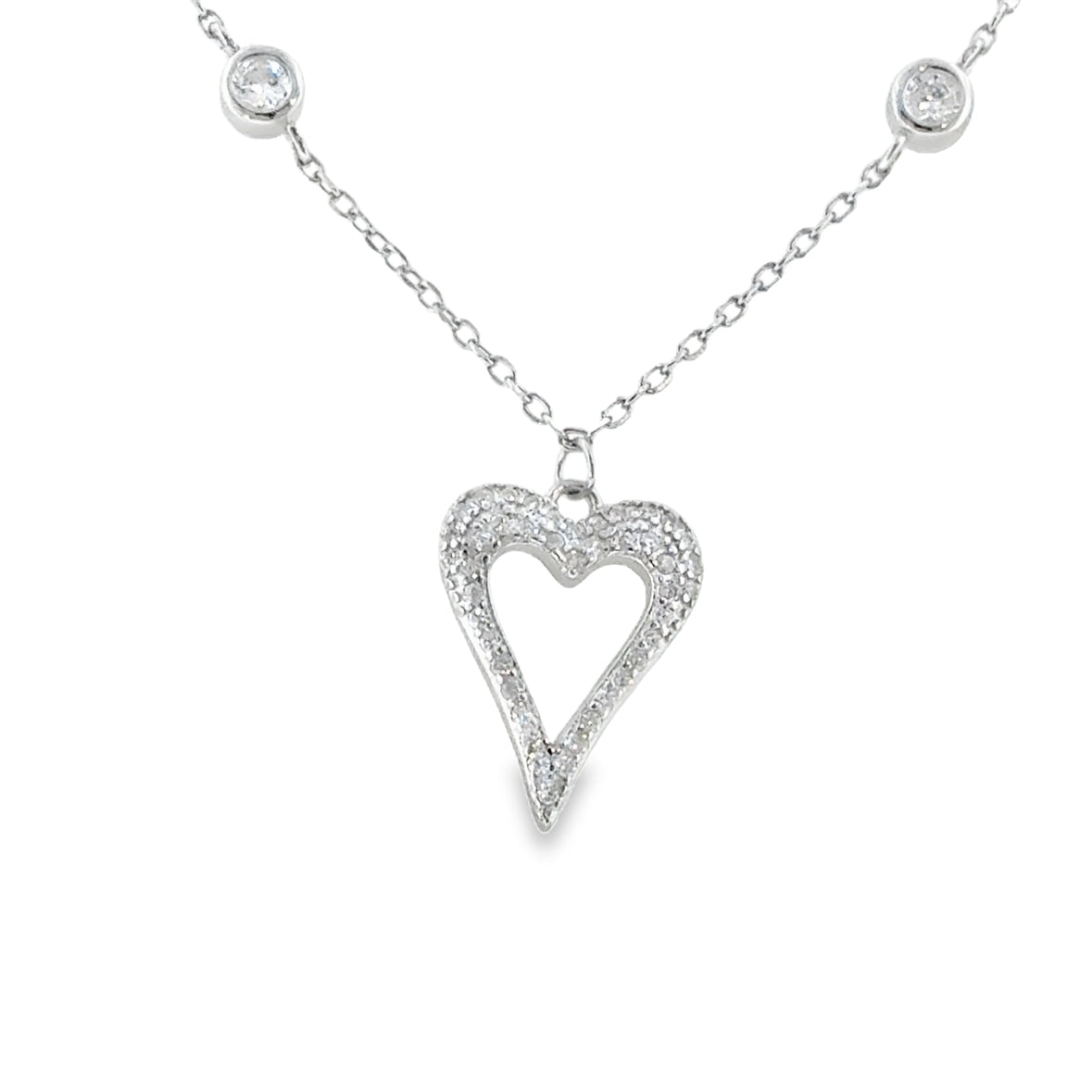 Sterling Silver CZ Open Heart Necklet with Rubover CZ Scatter