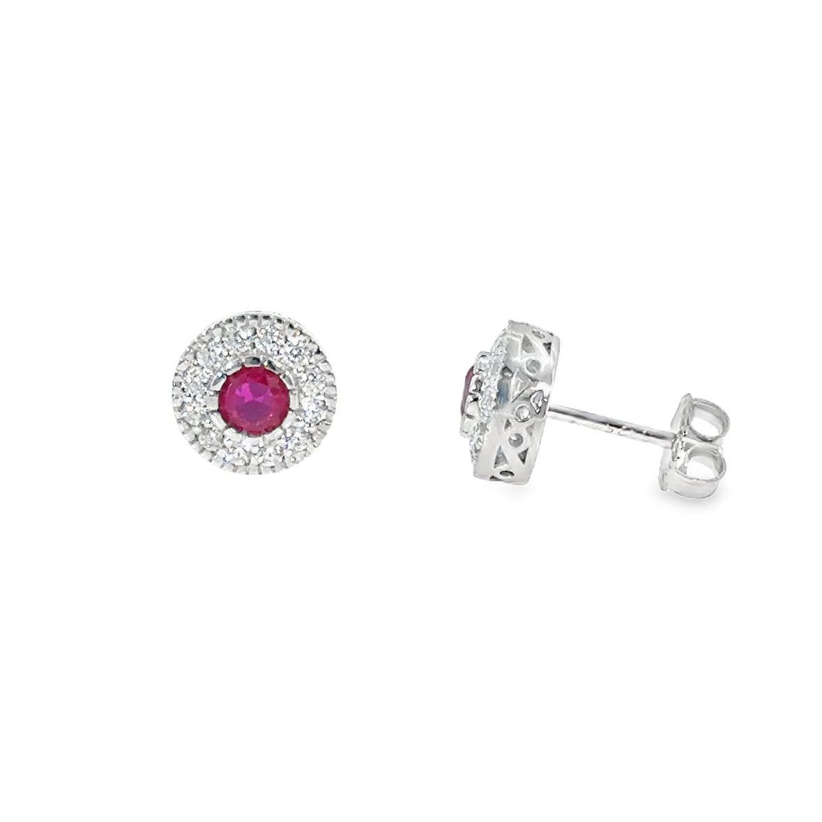 Sterling Silver Round Red CZ Halo Earrings