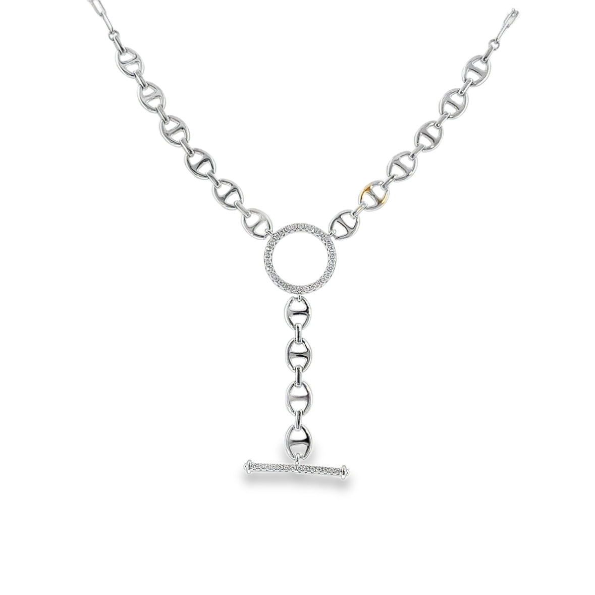 Sterling Silver CZ T-Bar Marina Link Necklet