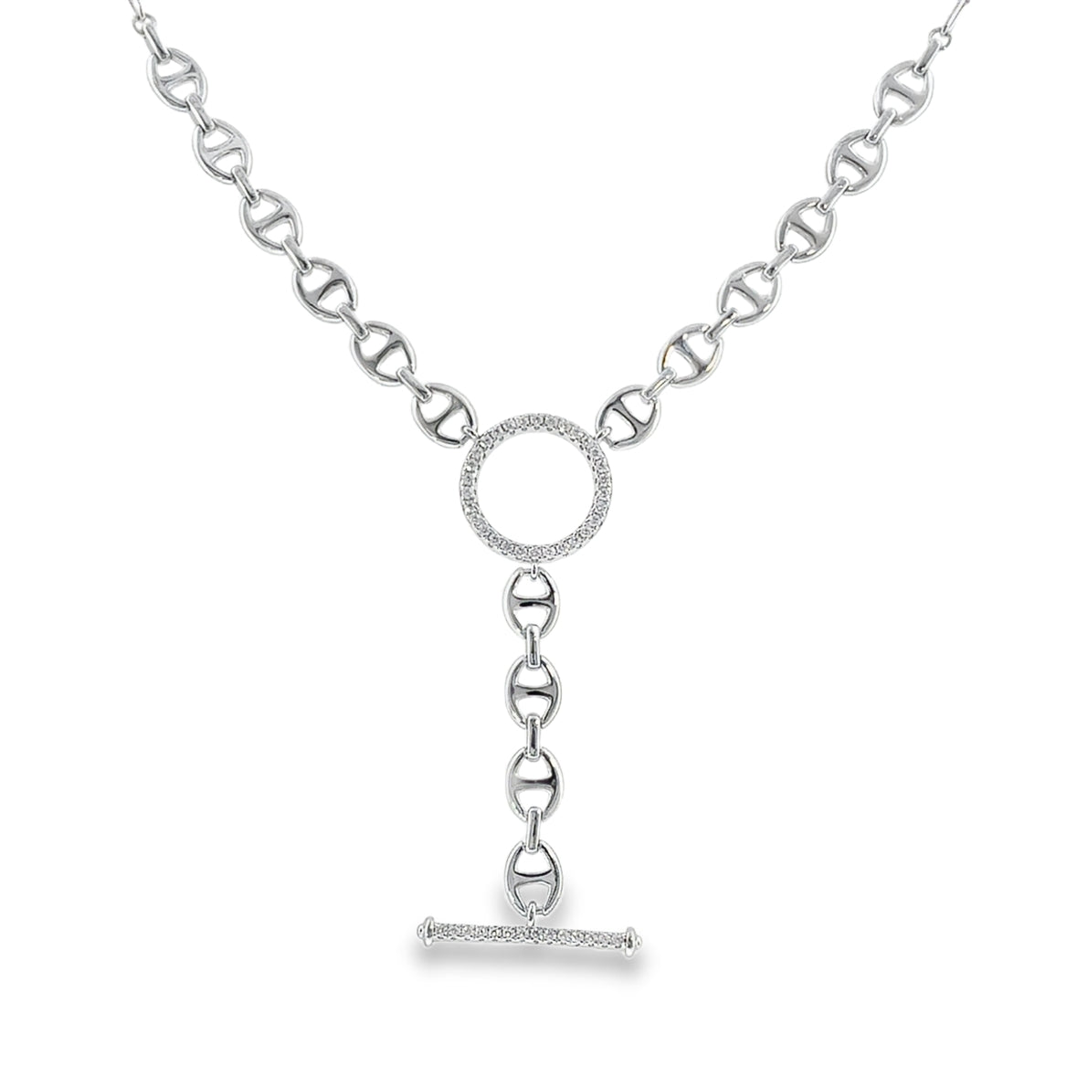 Sterling Silver CZ T-Bar Marina Link Necklet