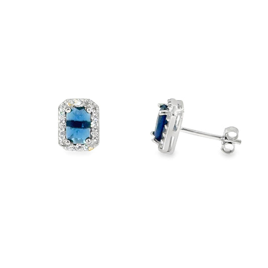 Sterling Silver CZ Blue Rectangle Halo Earrings