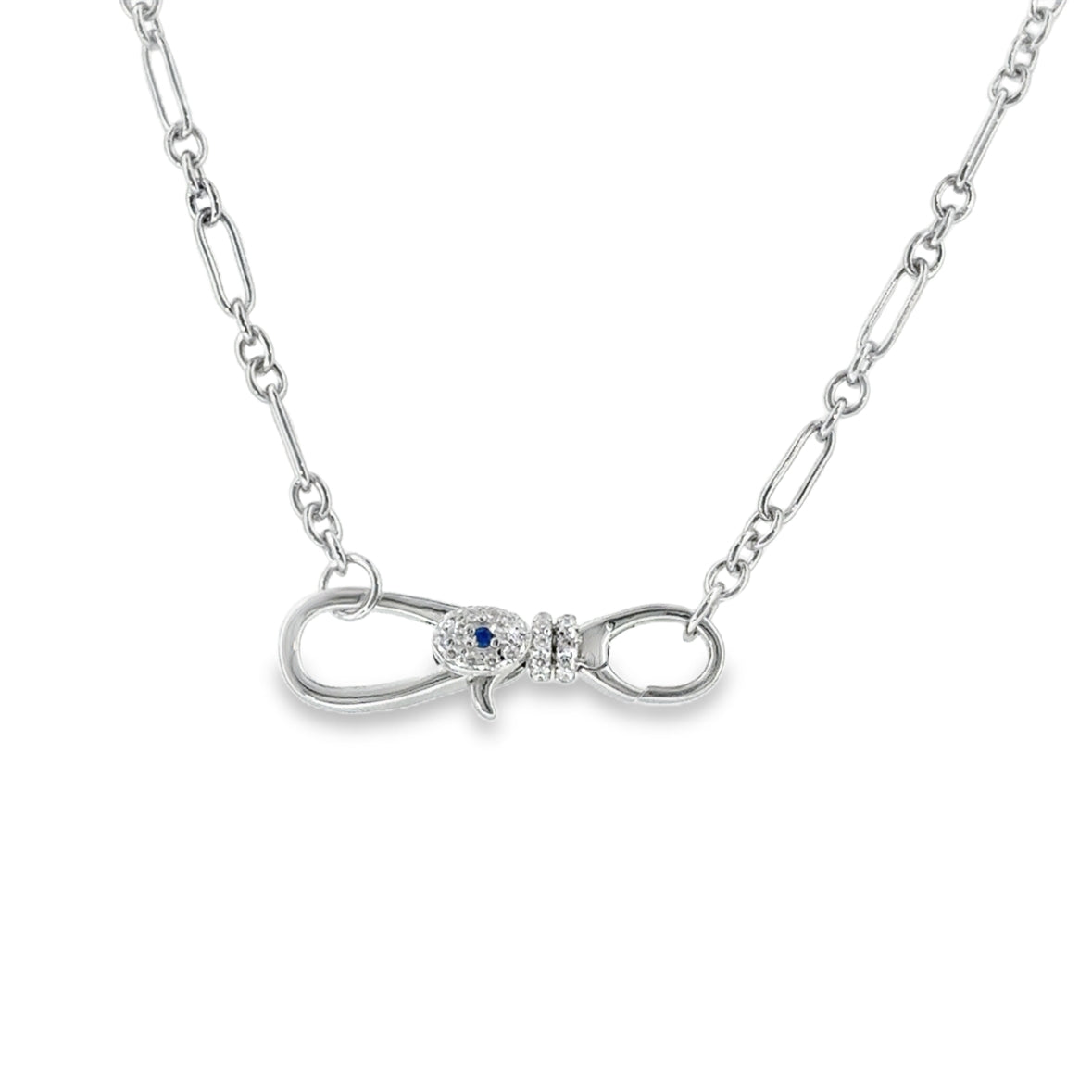 Sterling Silver Figaro Necklet with Blue and CZ Clasp