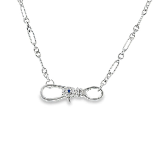 Sterling Silver Figaro Necklet with Blue and CZ Clasp