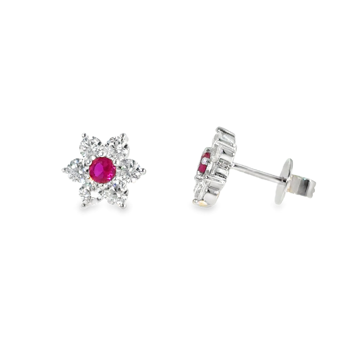 Sterling Silver Red CZ Flower Earrings