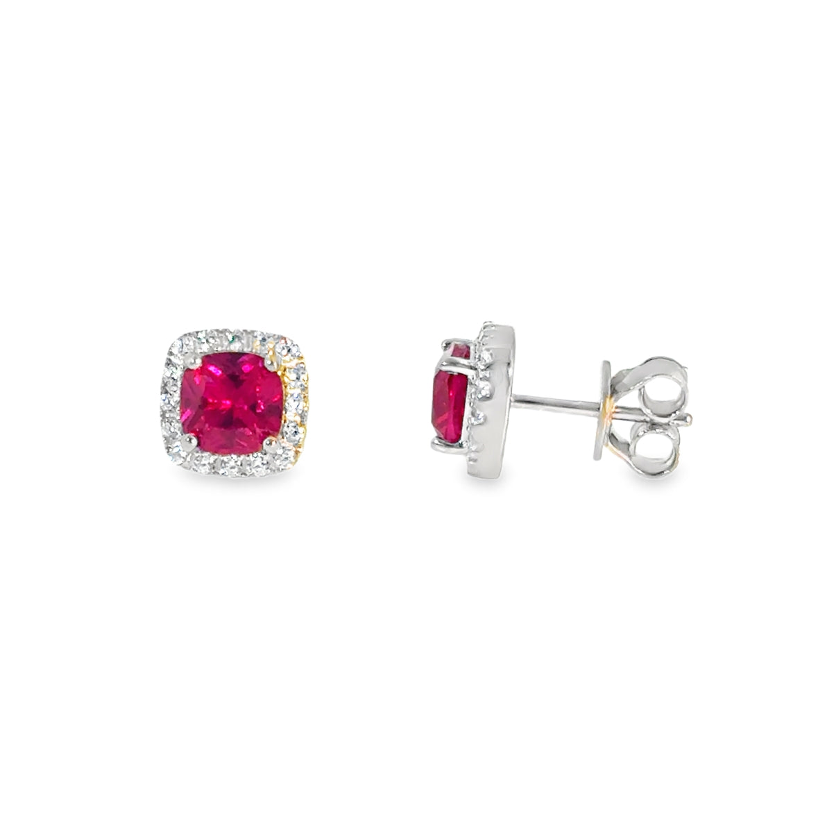 Sterling Silver Red CZ Square Halo Earrings