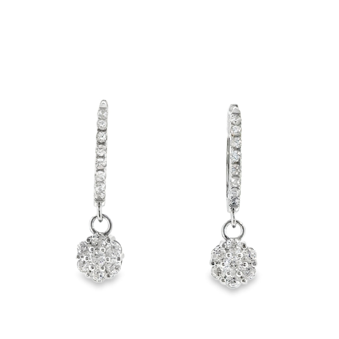 Sterling Silver CZ Flower Cluster Drop Huggie Earrings