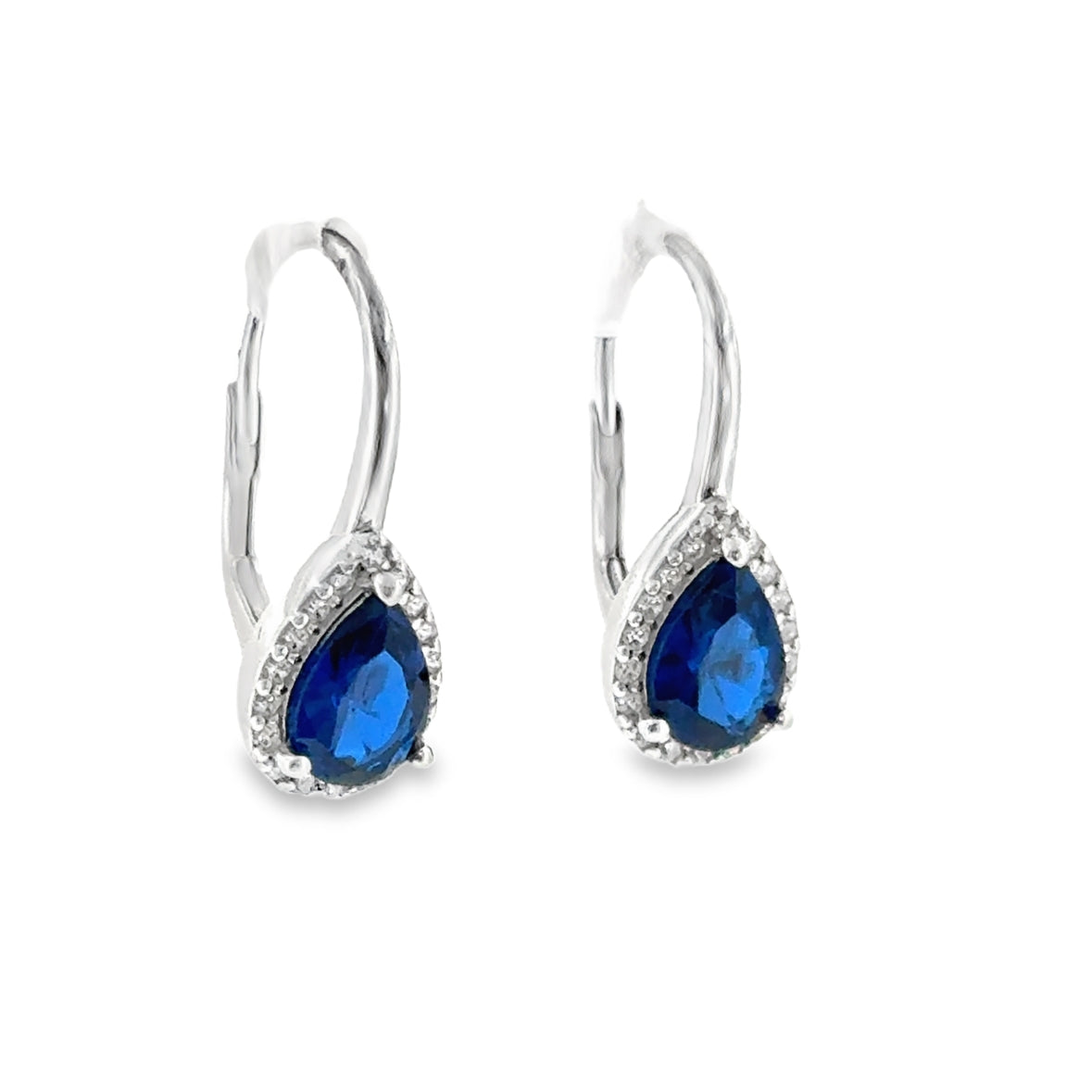 Sterling Silver Blue Pear CZ Halo Drop Earrings