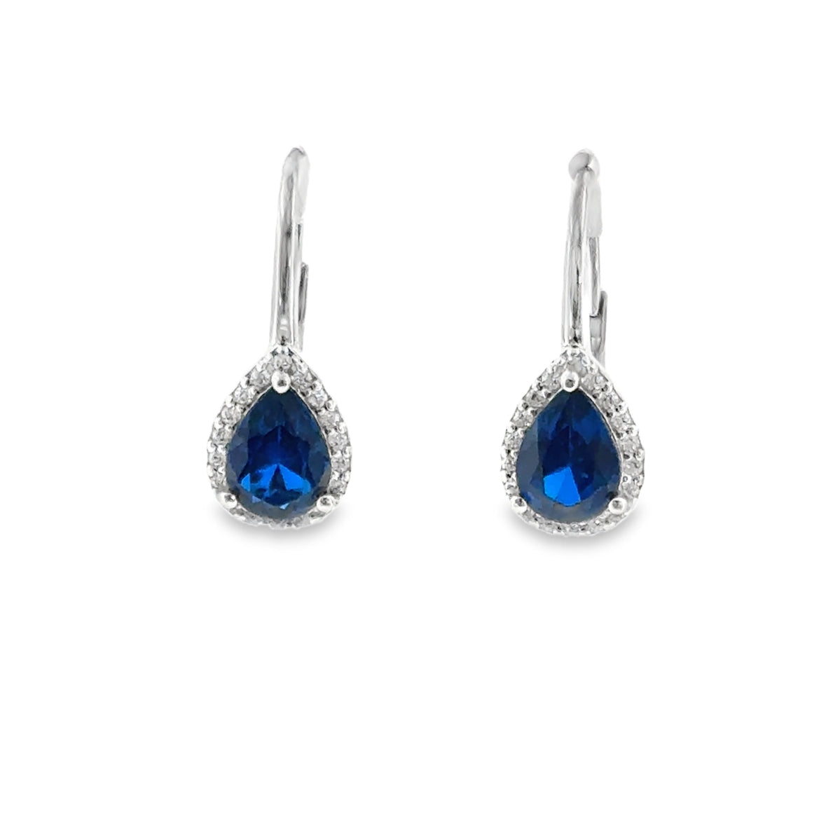 Sterling Silver Blue Pear CZ Halo Drop Earrings