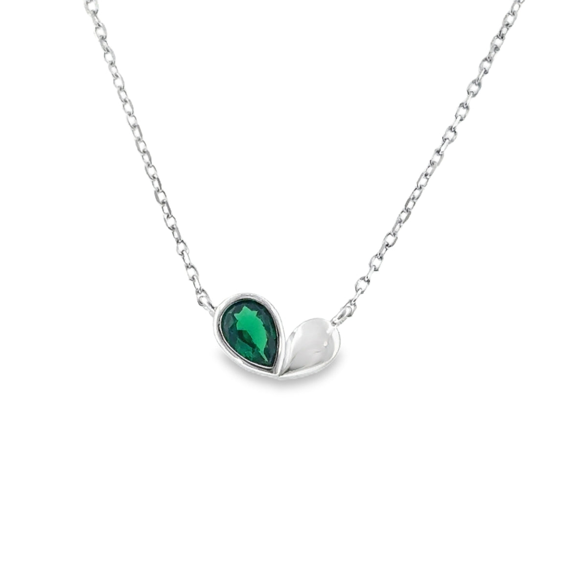 Sterling Silver Double Pear Rubover Green CZ Necklet