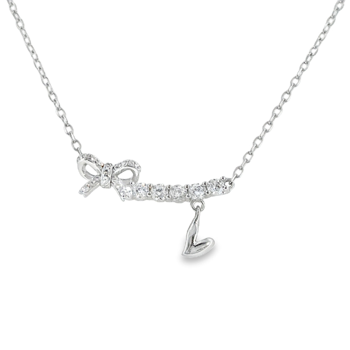Sterling Silver CZ Curve Hammock Heart and Bow Drop Necklet