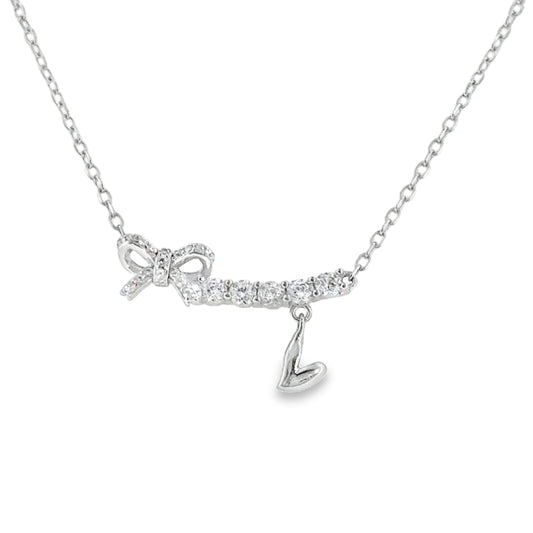 Sterling Silver CZ Curve Hammock Heart and Bow Drop Necklet