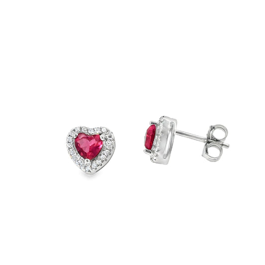 Sterling Silver CZ & Red Heart Halo Earrings
