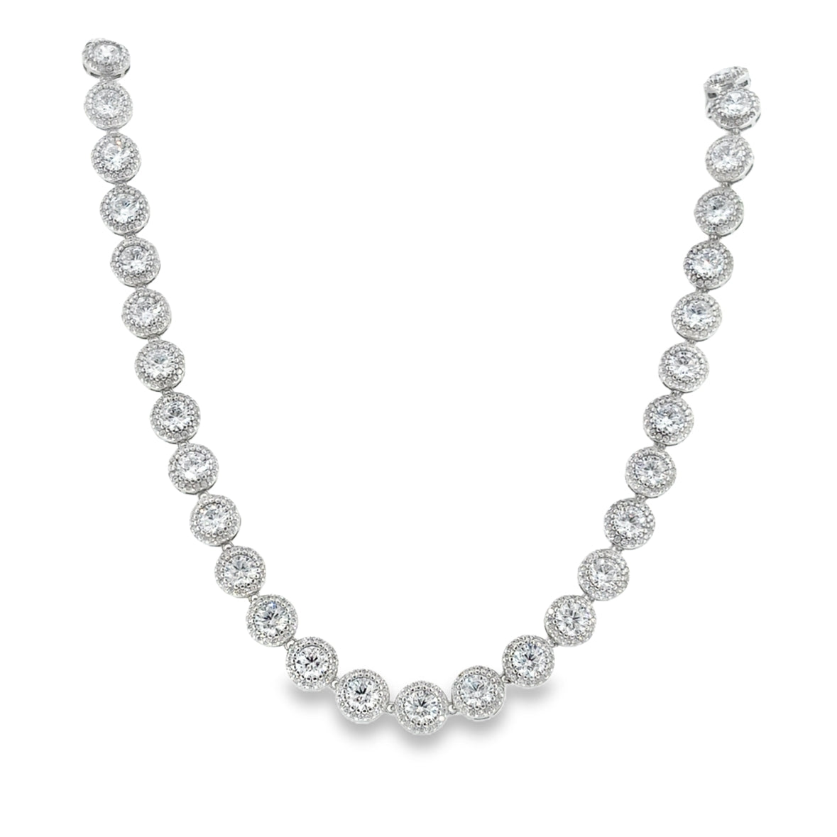 Sterling Silver Round CZ Cluster Tennis Necklet