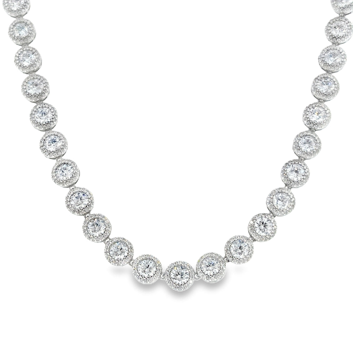 Sterling Silver Round CZ Cluster Tennis Necklet