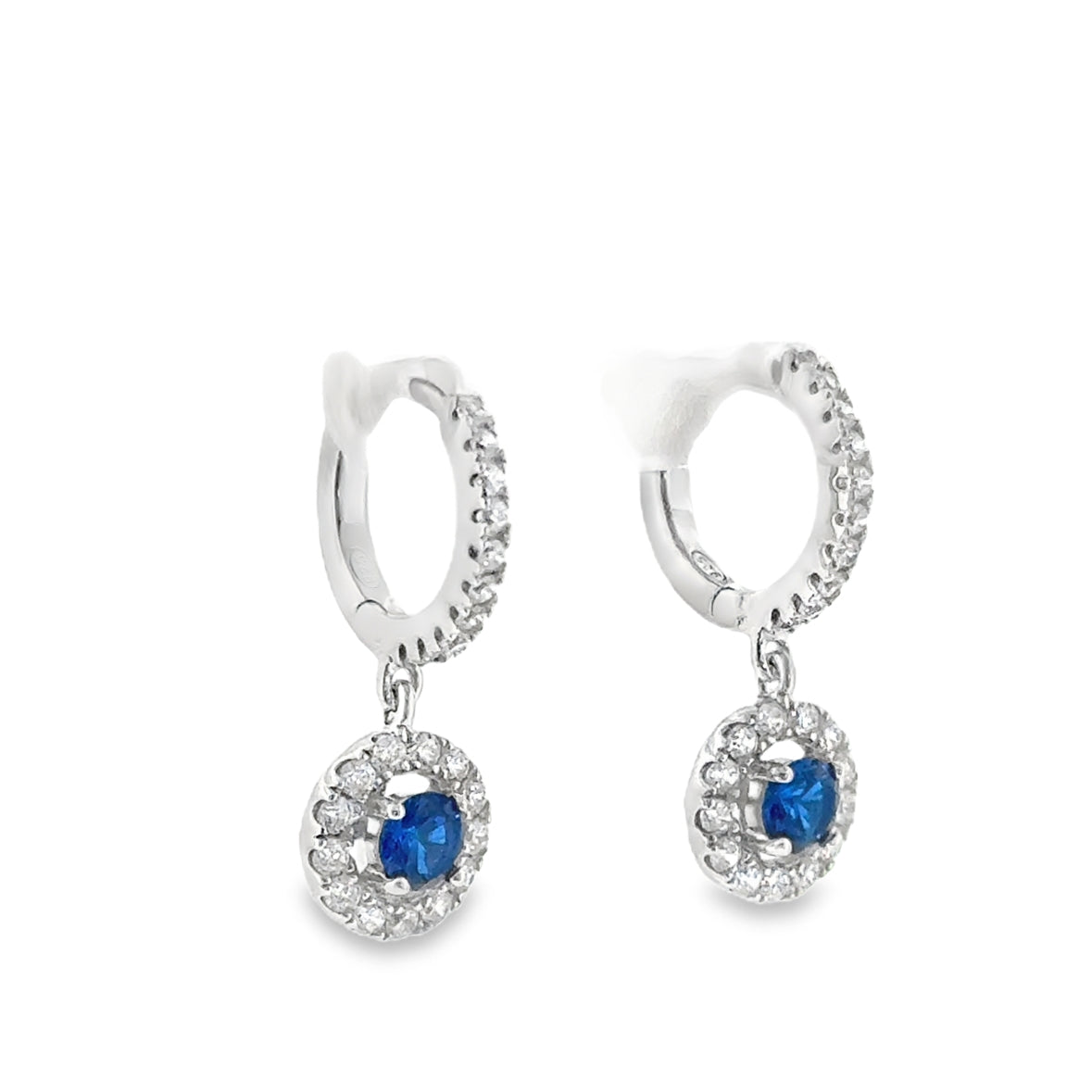 Sterling Silver Blue & CZ Round Halo Huggie Drop Earrings