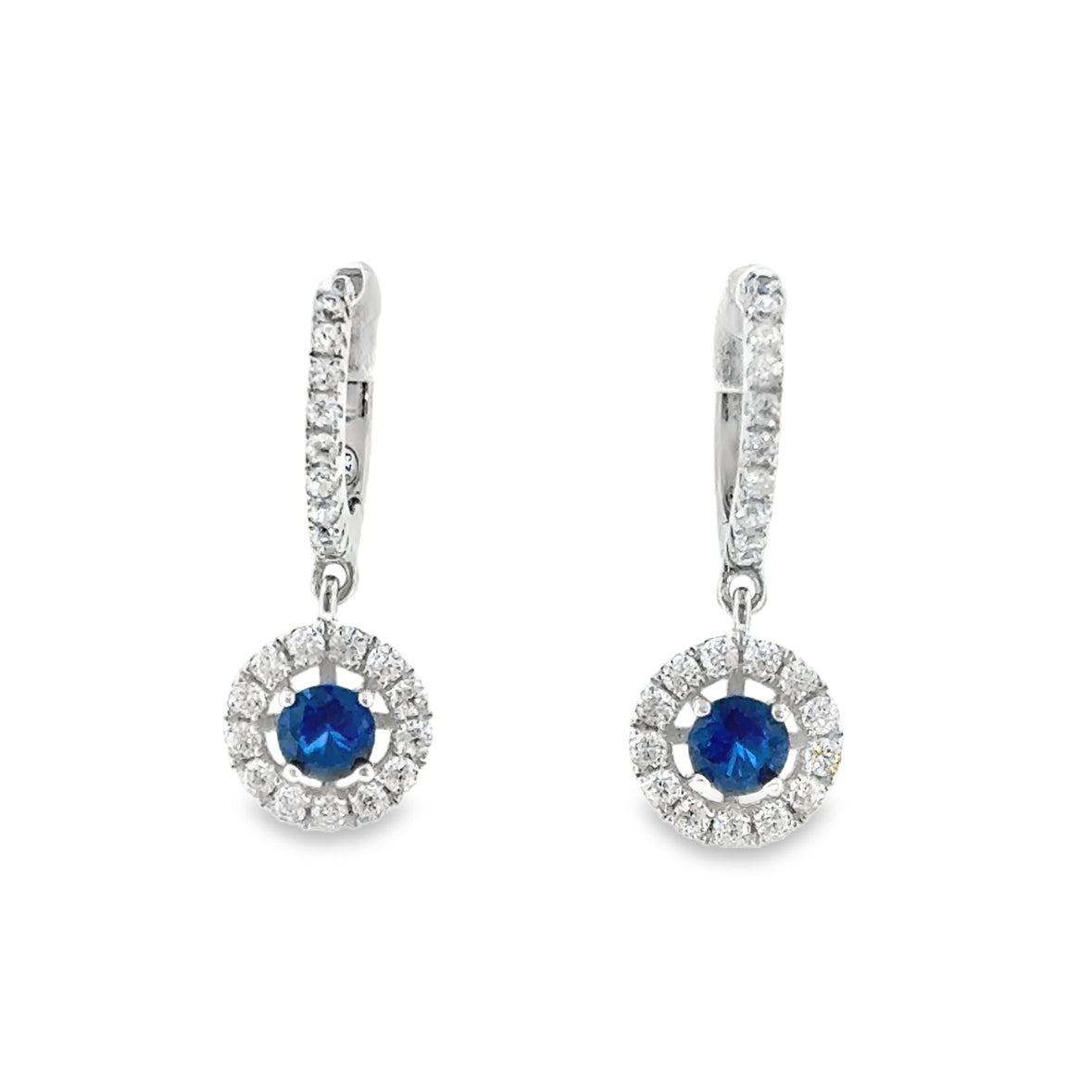 Sterling Silver Blue & CZ Round Halo Huggie Drop Earrings