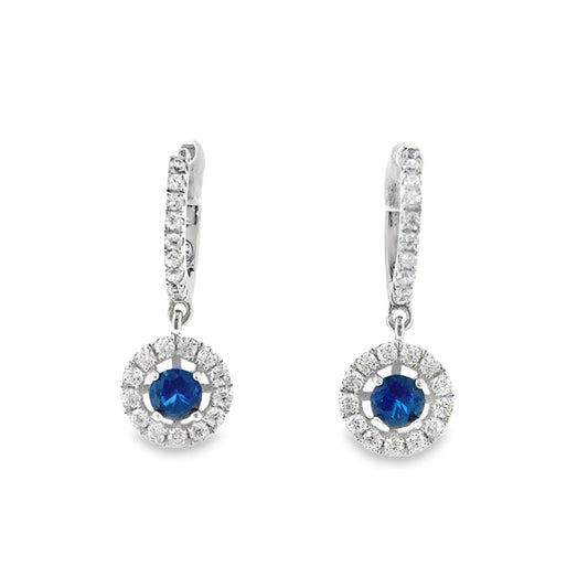Sterling Silver Blue & CZ Round Halo Huggie Drop Earrings