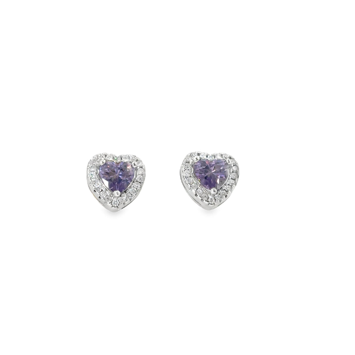 Sterling Silver Purple & CZ Heart Halo Earrings