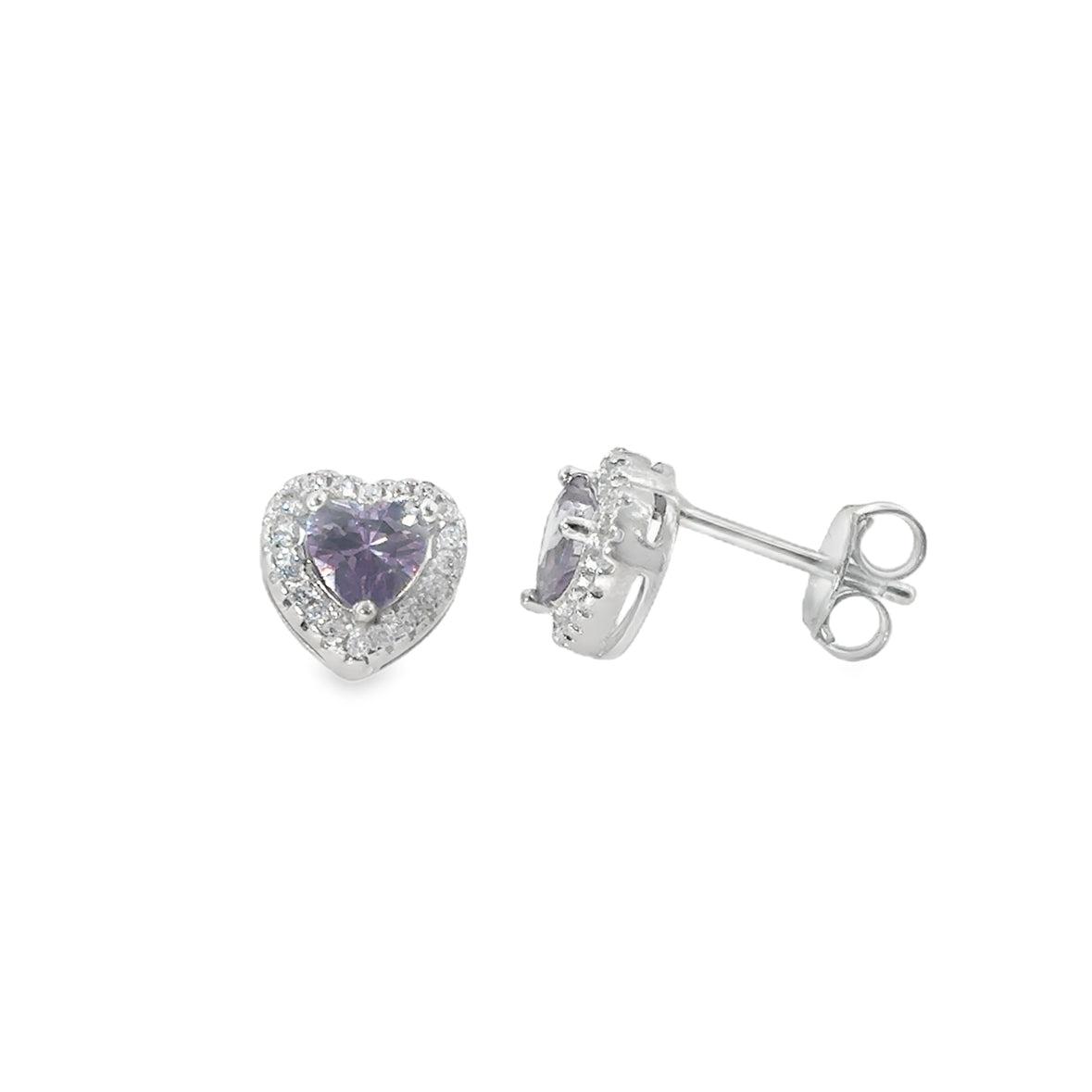 Sterling Silver Purple & CZ Heart Halo Earrings