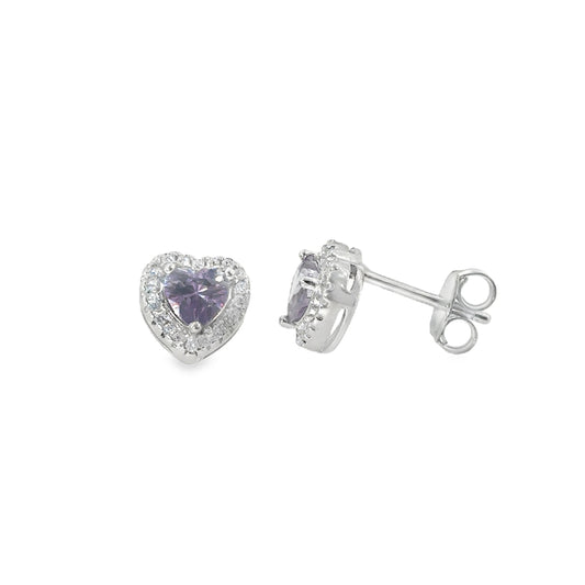 Sterling Silver Purple & CZ Heart Halo Earrings