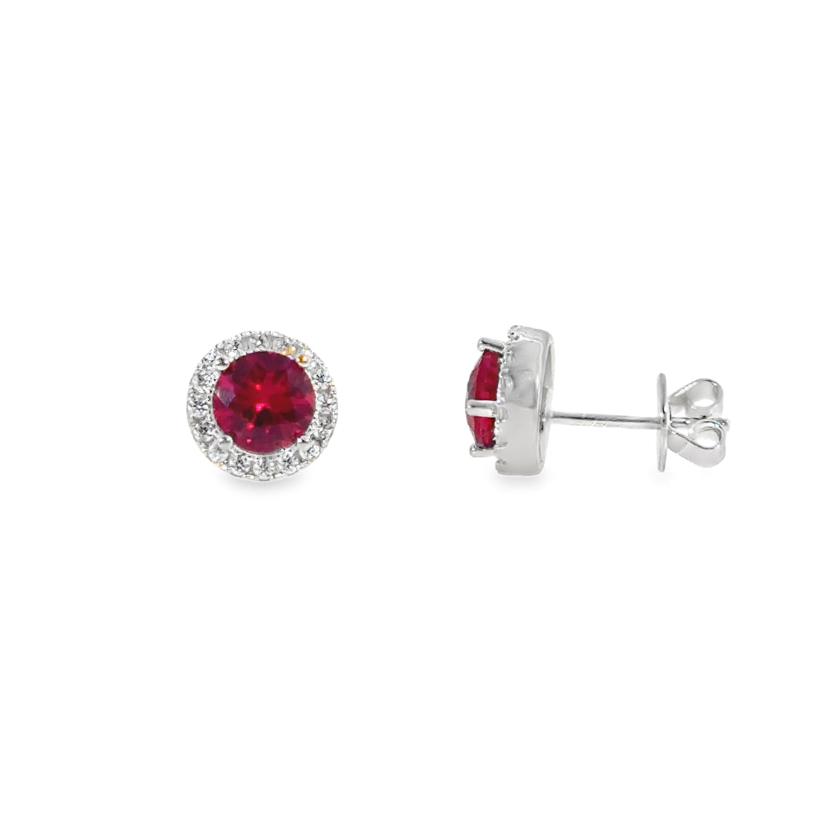 Sterling Silver Red CZ Round Halo Earrings