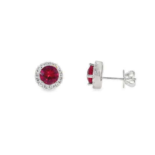 Sterling Silver Red CZ Round Halo Earrings