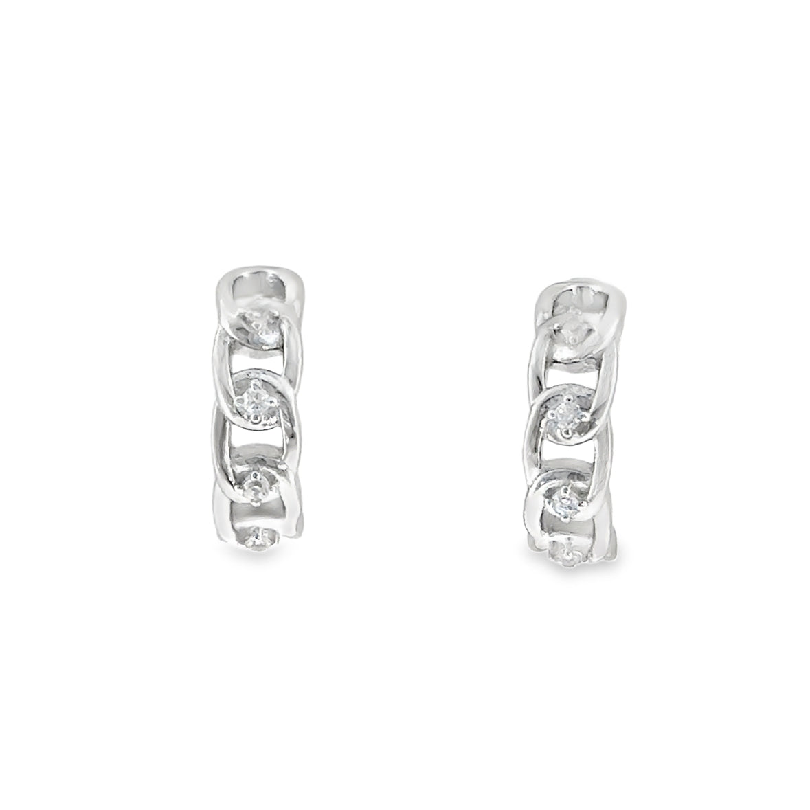 Sterling Silver CZ Chain Link 1/2 Hoop Earrings