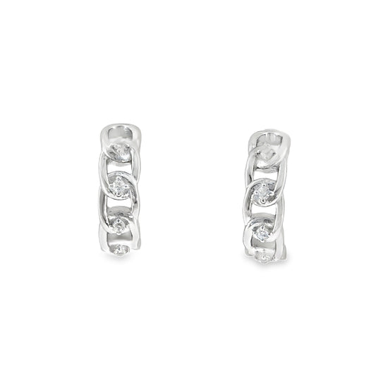 Sterling Silver CZ Chain Link 1/2 Hoop Earrings