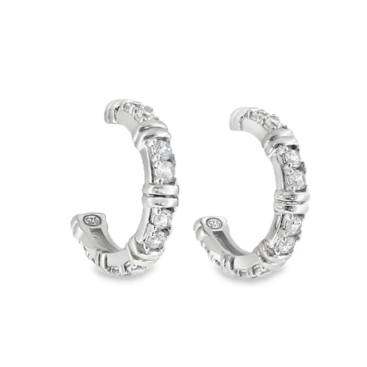 Sterling Silver CZ & Bar 1/2 Hoop Earrings