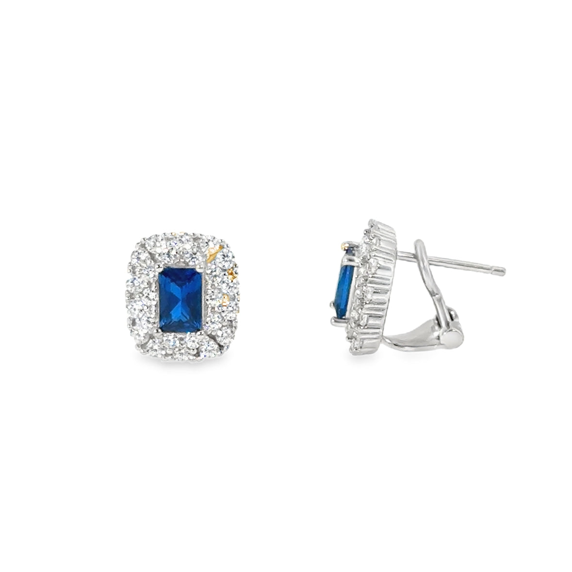 Sterling Silver CZ Rectangular Blue Halo Earrings
