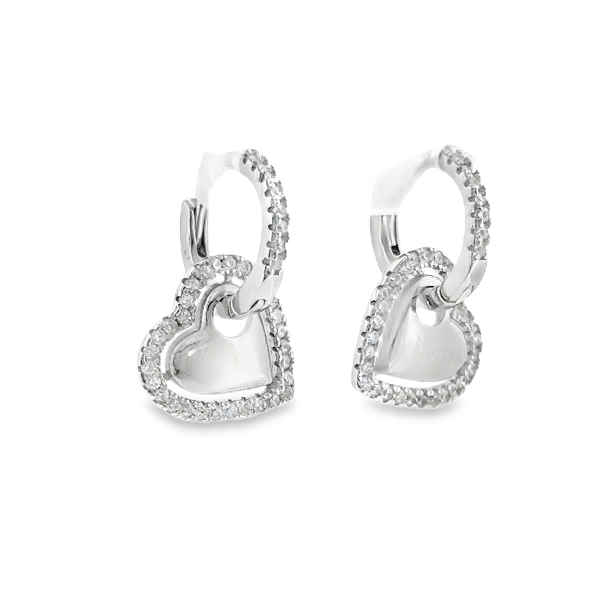 Sterling Silver CZ Heart Halo Drop Huggie Earrings