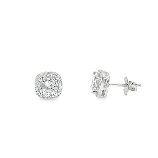 Sterling Silver CZ Square Halo Earrings