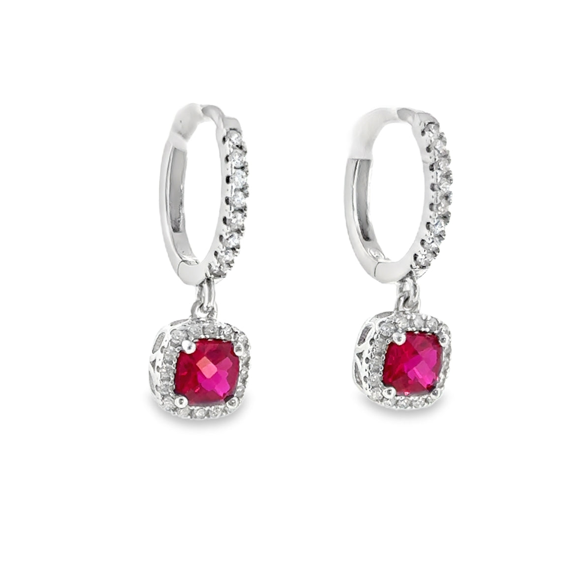 Sterling Silver Red CZ Square Halo Huggie Drop Earrings