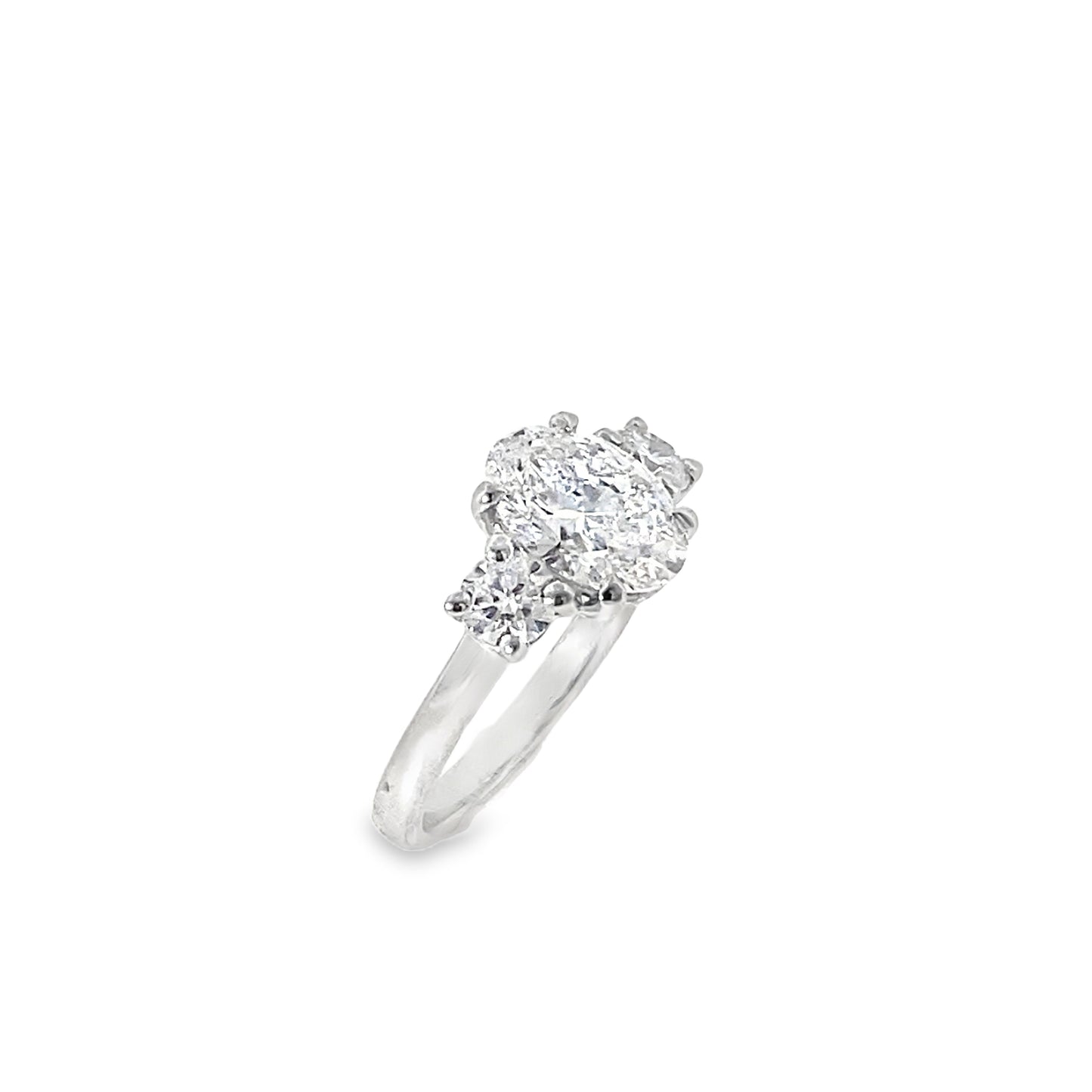 Platinum 3 Stone Oval Cut Centre Cultured Diamond Ring With Round Brilliant Shoulders 2.64ct