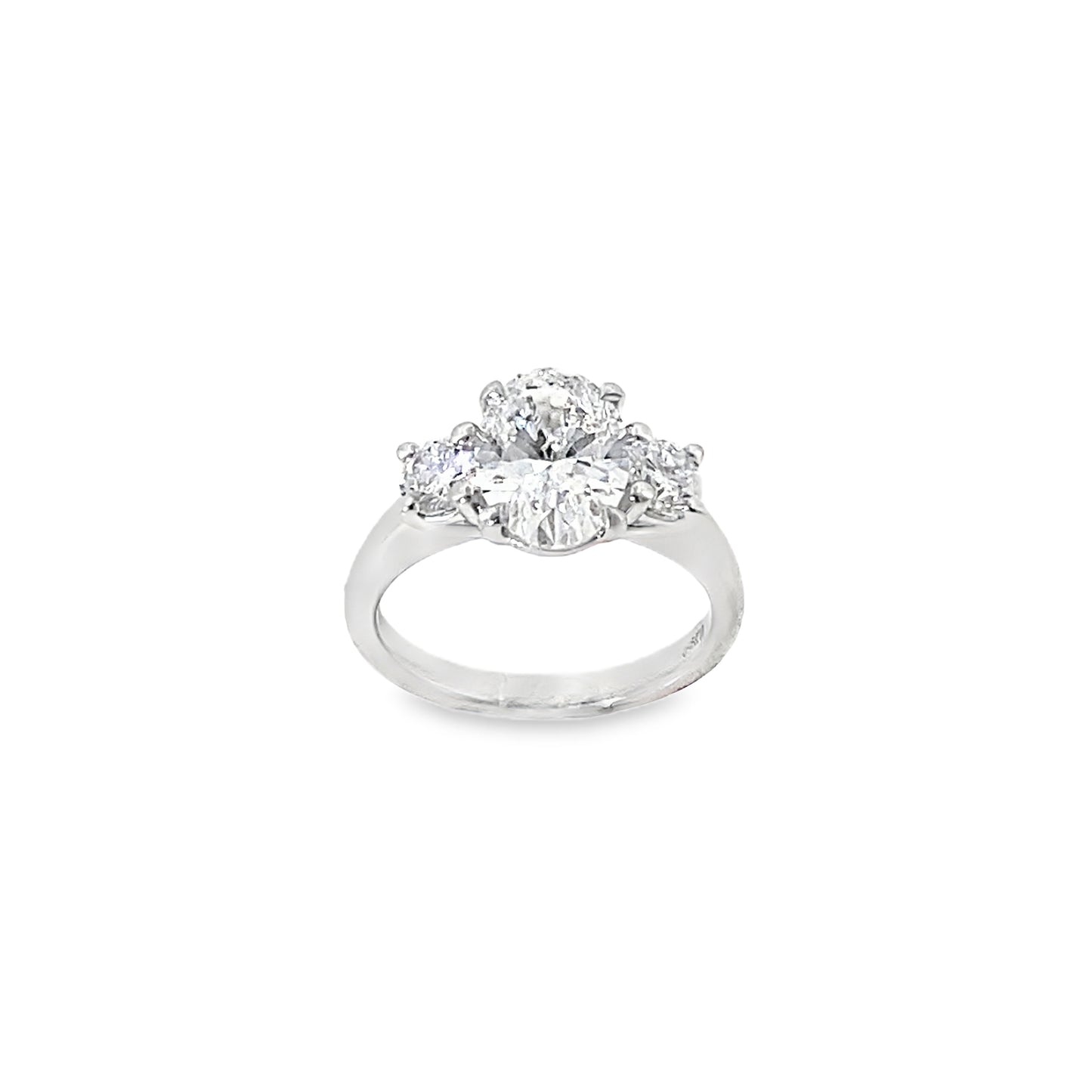 Platinum 3 Stone Oval Cut Centre Cultured Diamond Ring With Round Brilliant Shoulders 2.64ct