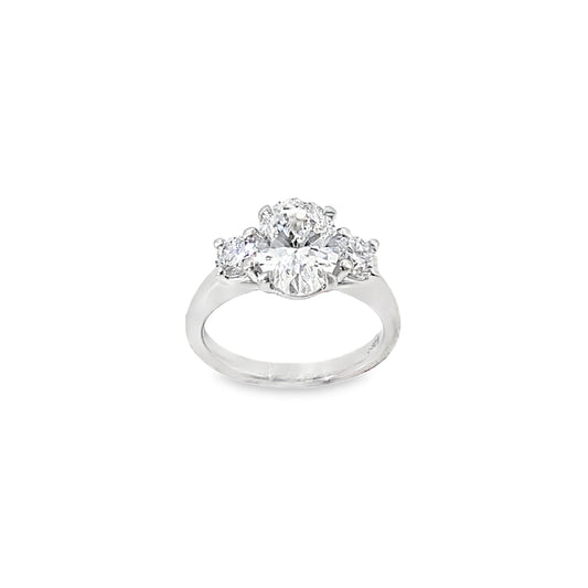 Platinum 3 Stone Oval Cut Centre Cultured Diamond Ring With Round Brilliant Shoulders 2.64ct