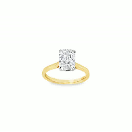 18ct Yellow Gold 4 Claw Elongated Cushion Cut Solitaire Cultured Diamond Ring 2.01ct