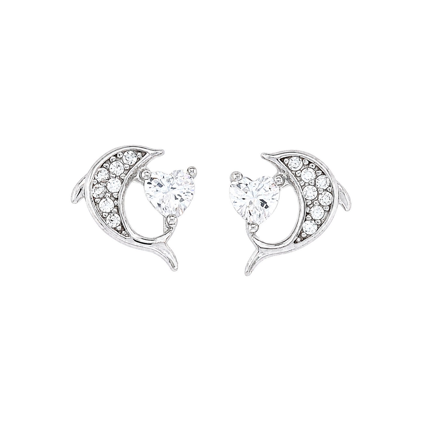 Sterling Silver CZ Dolphin Heart Kids Earrings