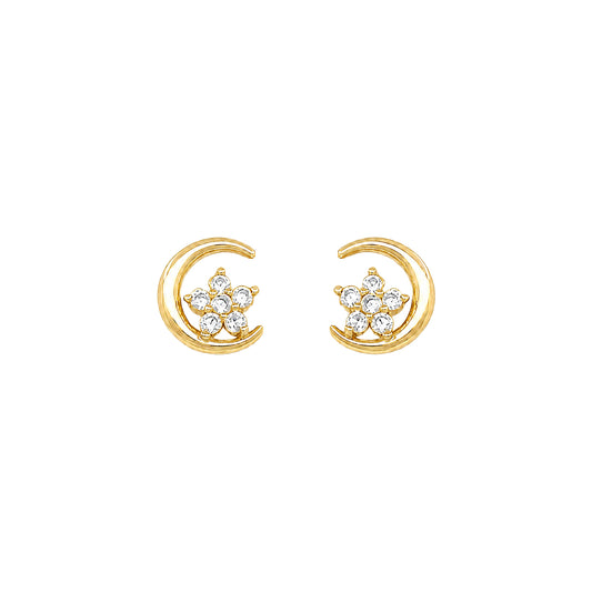 Sterling Silver Gold Plated Kids CZ Moon & Star Earrings
