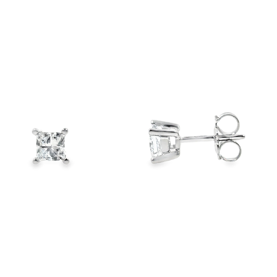 9ct White Gold 4 Claw Princess Cut Cultured Solitaire Diamond Earrings 1.00ct