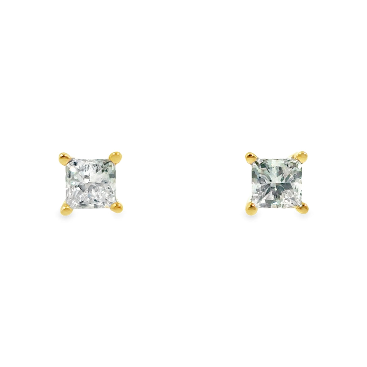 9ct Yellow Gold 4 Claw Princess Cut Cultured Solitaire Diamond Earrings 1.00ct
