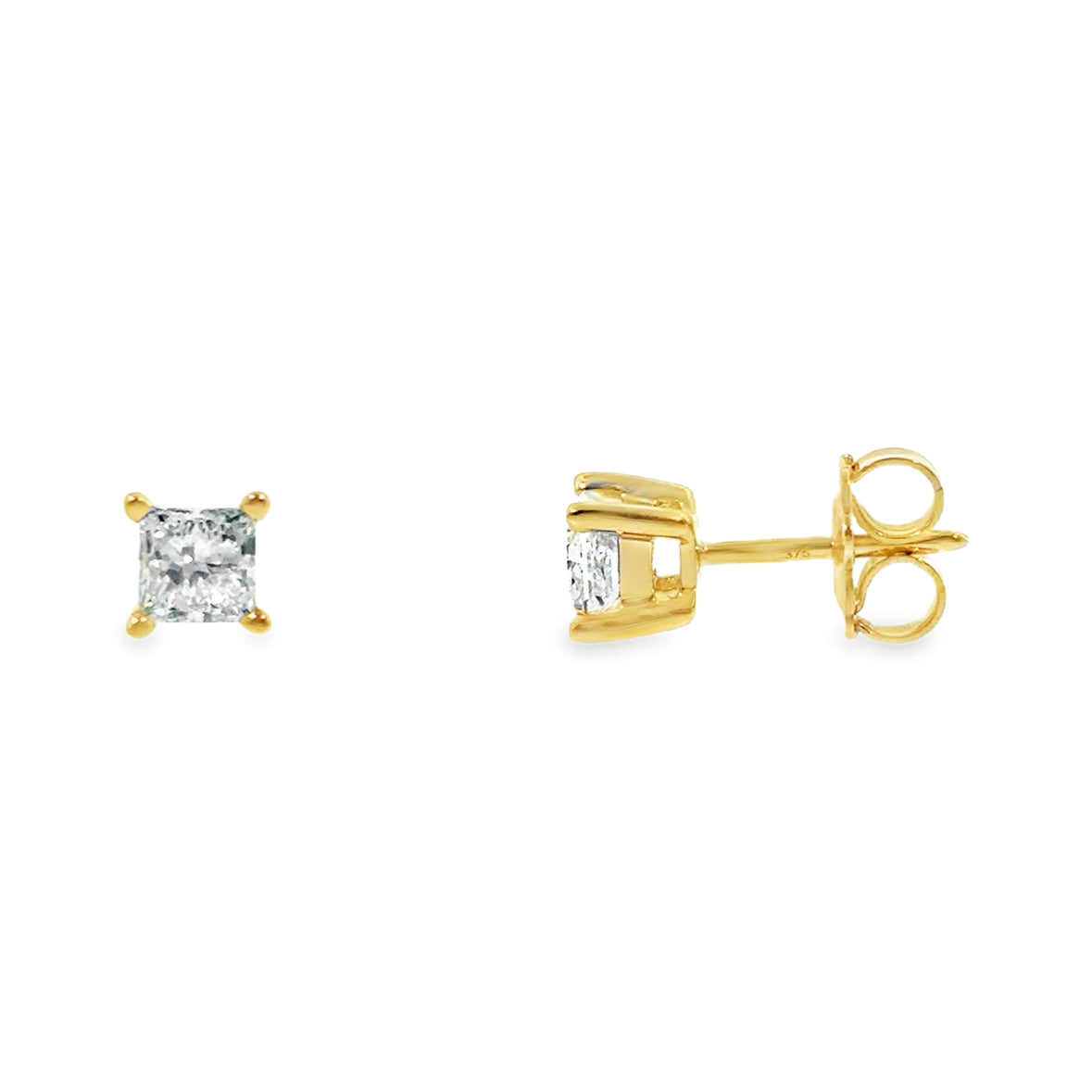 9ct Yellow Gold 4 Claw Princess Cut Cultured Solitaire Diamond Earrings 1.00ct