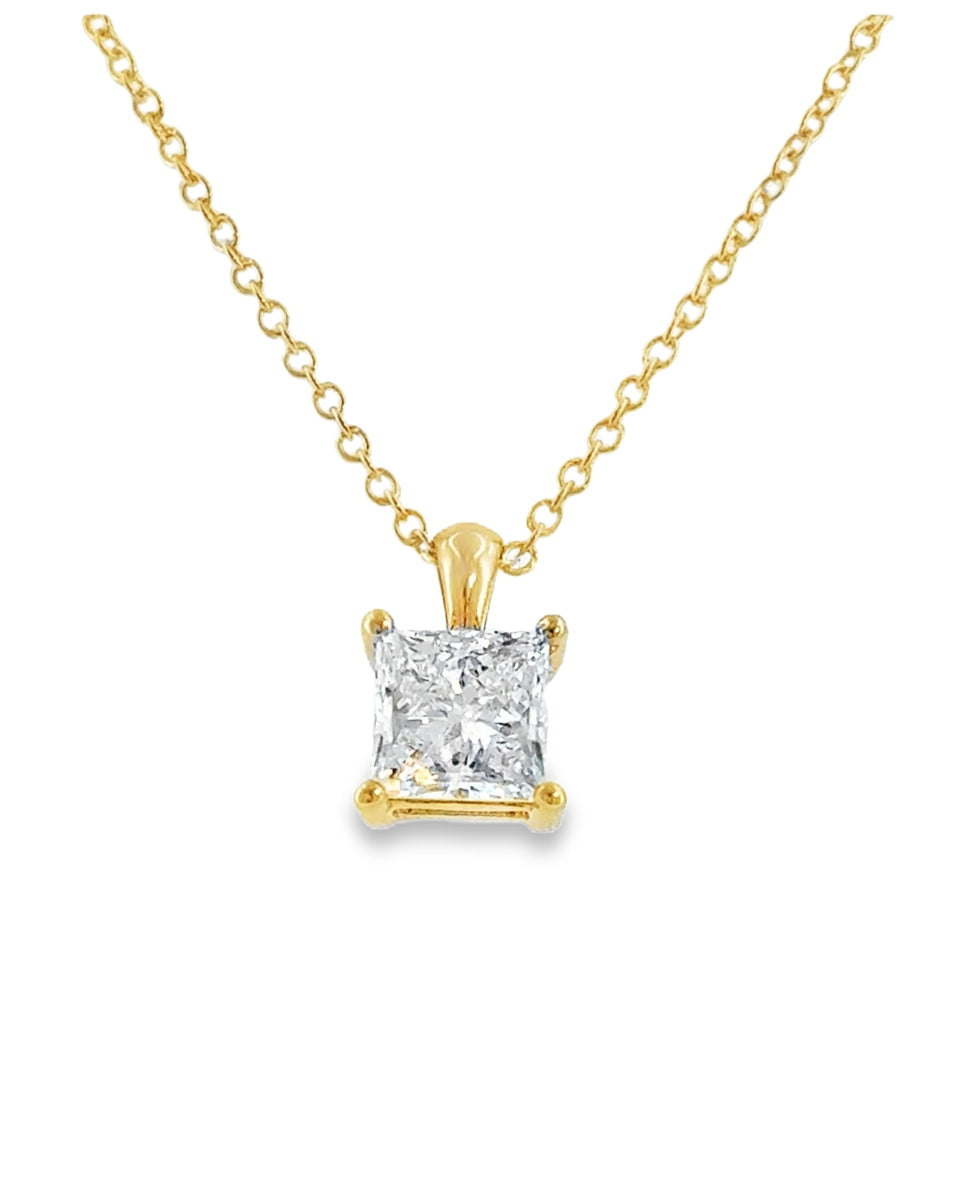 9ct Yellow Gold Princess Cut Solitaire Cultured Diamond Pendant 1.00ct