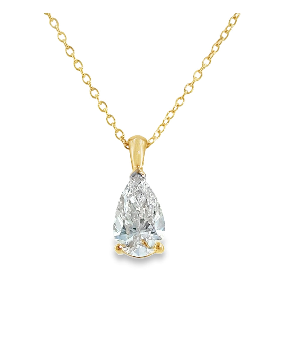9ct Yellow Gold Pear Cut Solitaire Cultured Diamond Pendant 1.00ct